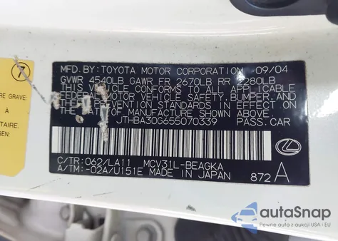 2005 Lexus Es 330 from USA, damaged, VIN JTHBA30G655070339